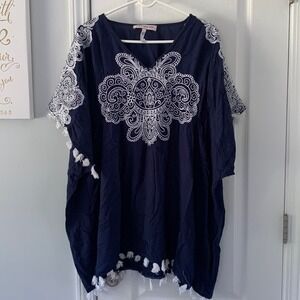 Nanette Lepore swim cover up size XS navy white embroidered bohemian Tassels